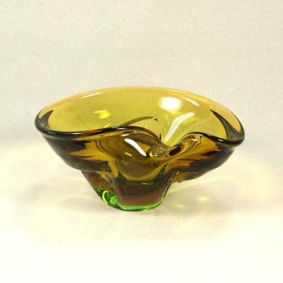 Vintage Skrdlovice Czech Bohemian Art Glass Green and Amber Bowl Cased Glass - Picture 3 of 7